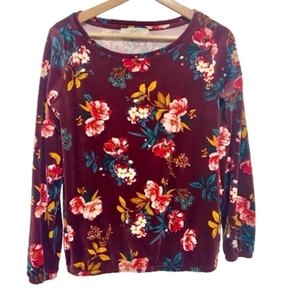 Ann Taylor LOFT burgundy wine velour long sleeve floral top xs